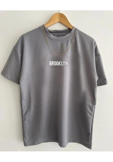 Unisex Gri Brooklyn Baskılı T-shirt Gri