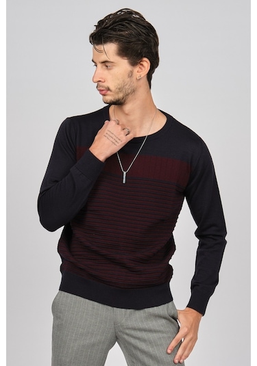 Desen Triko Erkek Bisiklet Yaka Desenli Yün Kazak 0249639 Laciver Lacivert