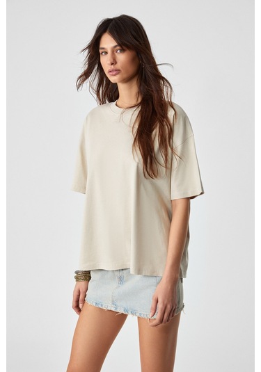 LAGERTHA  Kadın %100 organik Pamuklu Kalın Dokulu Oversize Fit Yuvarlak Yakalı Taş Rengi T-Shirt