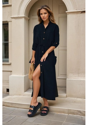 Kadın Yeni Sezon Krep Cepli Uzun Katlanabilir Kollu Büzgülü Elbise Yazlık Günlük Giyçık Siyah