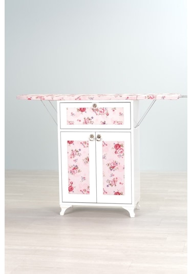 Mistik Home Rose Katlanır Dolaplı Ütü Masası Beyaz Gövde, Pembe Çiçek Desenli Beyaz/pembe