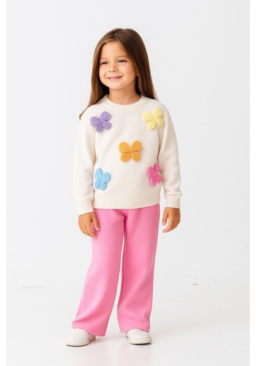 Kız Çocuk Aplike Fiyonk Detaylı Triko Alt Üst Takım 2 Parçalı Takım Örgü Fiyonk