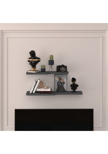 Doğal Modern Organizer Düzenleyici 2'li Kıvrımlı Dekoratif Kitaplık Banyo Mutfak Duvar Rafı Antrasit