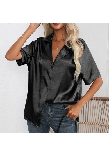 Kısa Kollu Gömlek Yaz Katı Saten Ipek Gömlek Düğme Yukarı Bluz Gevşek Ofis Kadın Blusas Casual Gömlek Tops Zarif 26107 Siyah