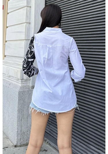 Kadın Beyaz Desenli İki Renkli Uzun Kol Regular Kesim Standart Boy Gömlek Beyaz