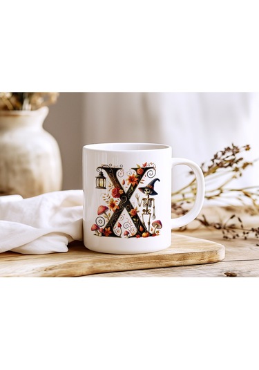 X Harfi Şapkalı İskelet Figürlü Ve Çiçekli Kupa Bardak - Cadılar Bayramı / Halloween Özel Hediye Beyaz