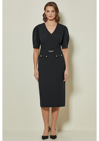 V Yaka Siyah Dokuma Elbise Siyah