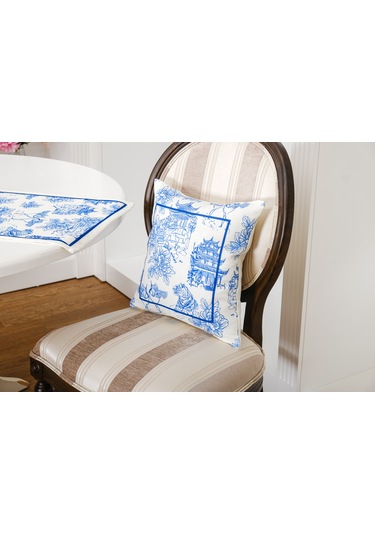 Finezza Festival Baskılı Kumaş Kreme Mavi Kırlent Kılıfı 45x45 cm - 1439