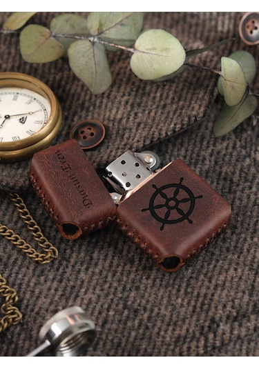 Vagave Kahve Renk Hakiki Deri Kılıflı Zippo Benzinli Çakmak