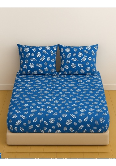 Çift Kişilik Desenli Lastikli Çarşaf Seti 160x200 Cm + 2 Adet Yastık Kılıfı 50x70 Lacivert