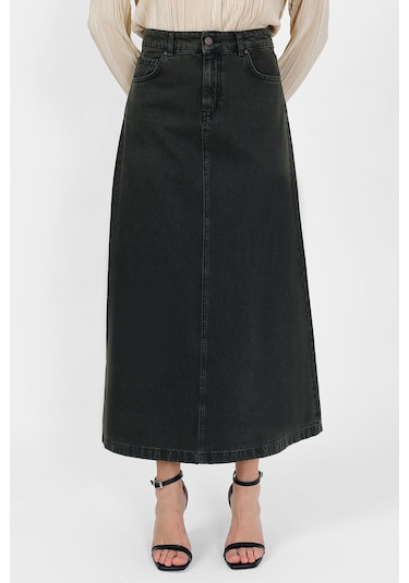Yüksek Bel A Kesim Denim Etek Haki