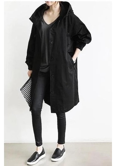 Kadınlar İçin Orta Uzunlukta Bol Rüzgarlık Ceket Siyah