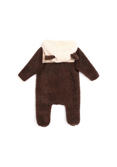 Luess Peluş Kulak Detaylı Unisex Bebek Tulum - Kahverengi