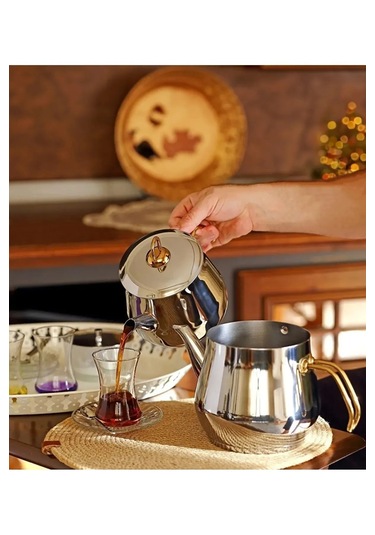 Yunusoğlu Home Aletta Büyük Boy Çelik Gold Kulplu Çaydanlık Çelik