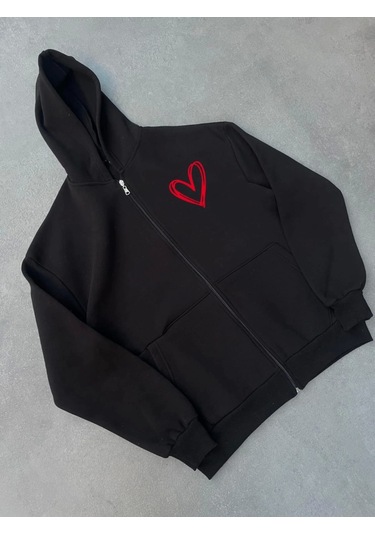 Leyla Sanat Sanata Yeni Bir Bakış Açısı Üç İplik Baskılı Fermuarlı Kapşonlu Hırka - Siyah Siyah