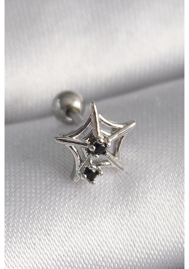 Ceylan Adam 316l Çelik Gümüş Renk Siyah Zirkon Taş Detay Örümcek Ağ Model Tragus Piercing Çok Renkli