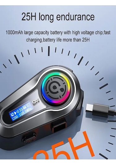 Q008 Lcd Fm Radio Eq Ses Ipx6 Su Geçirmez Rgb Işıklı Bluetooth Motosiklet Kask Kulaklığı