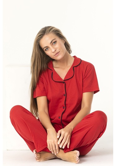 Kırmızı Renk Biyeli Pamuklu Kısa Kol Pijama Takımı Kırmızı