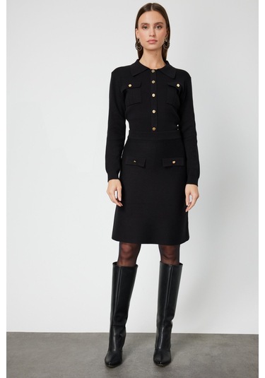 On Kadın Cep Detaylı Diz Üstü Triko Etek 69508 Siyah Siyah