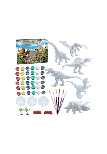 Symbee 6 Adet Pvc Dinozor, 36 Renkli Boya, 6 Fırça İle El Yapımı Boyama Seti - Çocuklar İçin Sanatsal Çalışma Ve Hayal Gücü Geliştirici