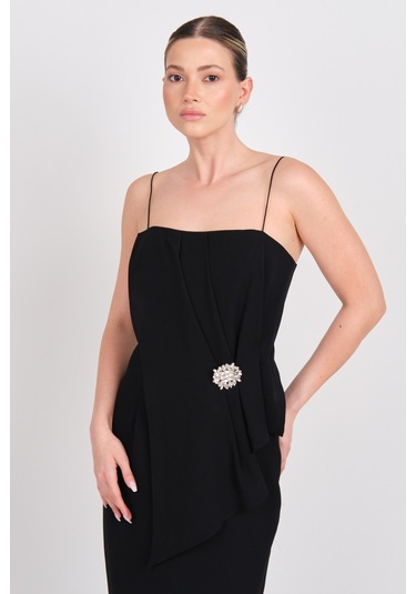 Explosion Kadın İp Asklı Beli Tokalı Midi Abiye Elbise 7818 Siyah Siyah