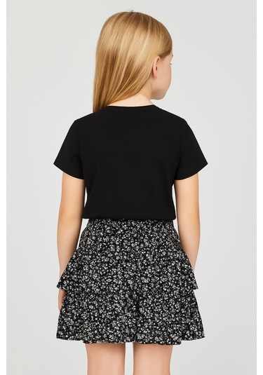 Kız Çocuk Siyah Çiçek Desenli Kat Kat Fırfırlı Mini Etek, Kız Çocuk Etek Siyah