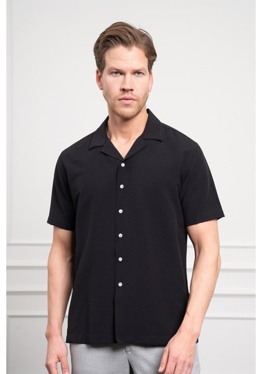 Erkek Siyah Apaş Yaka Kısa Kol Gömlek 25ys004008001 Siyah Siyah