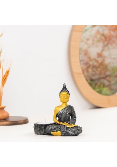 Buddha Temalı Gold Siyah Tealight Mumluk Renkli