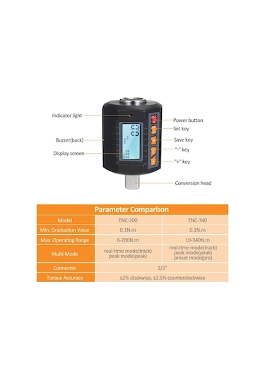 Tongxida Enc-340 Dijital Tork Ölçer Anahtarı, Sesli, 4 Ünite, 1/2'' Sürücü, 3/8''&1/4'' Adaptörler İçerir