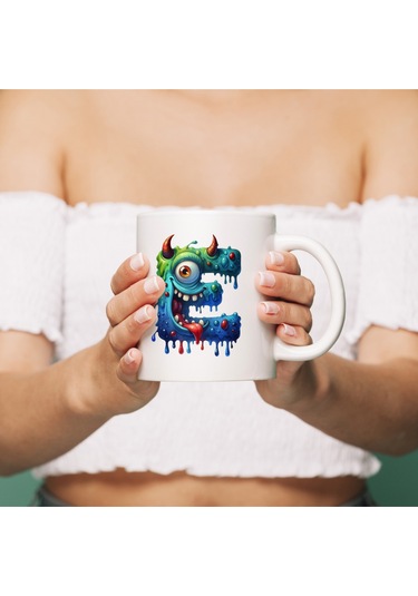 E Harfi Bardak, Sevimli Canavarlar Harflı Bardak Hediyesi Porselen Beyaz