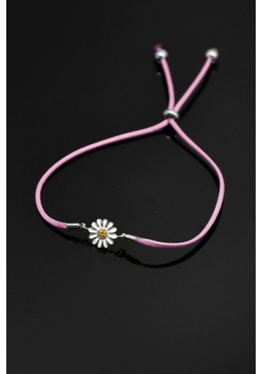 Kadın 925 Ayar Gümüş Rodyum Kaplama Pembe Ipli Asansörlü Papatya Bileklik