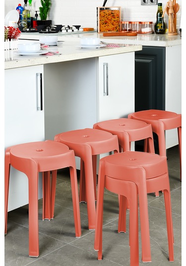 Kaymaz Ayaklı İç İçe Geçebilen Plastik Tabure 6 Adet-mercan