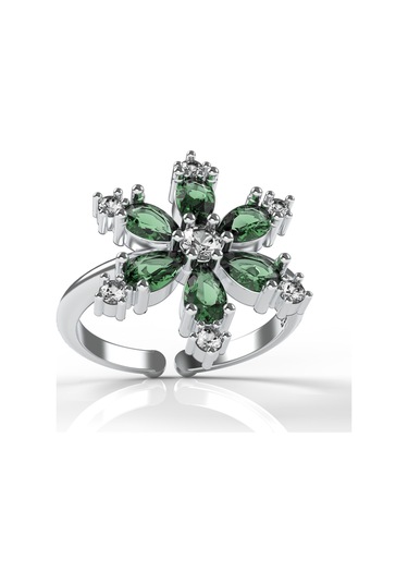 925 Ayar Zümrüt Taşlı Rodyum Lotus Çiçeği Ayarlanabilir Gümüş Yüzük Rr10027 Gümüş