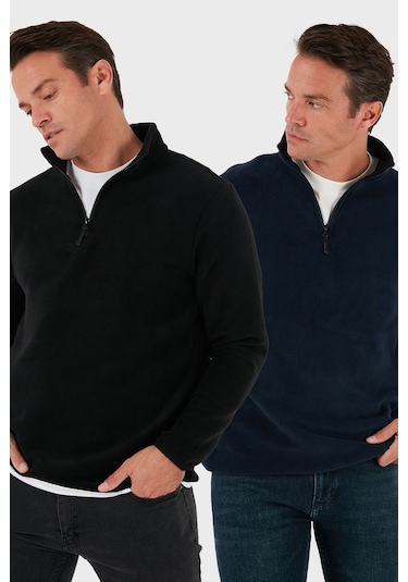 Buratti Slim Fit Yarım Fermuarlı Dik Yaka 2'Li Paket Erkek Polar 5906003S2 Lacivert-Siyah