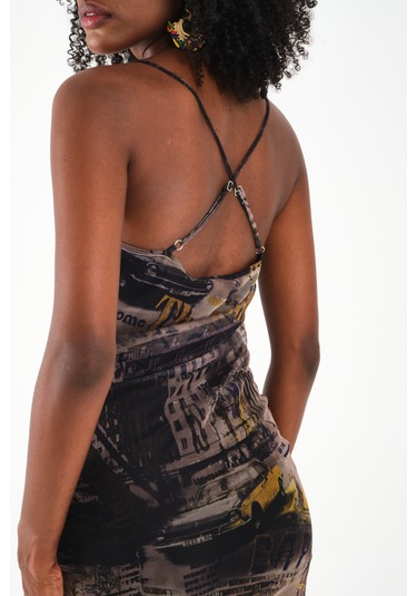 Çapraz Askılı Tül Elbise Yeşil - Çok Renkli