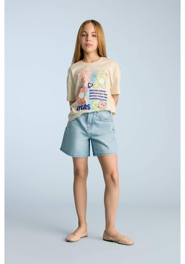 DeFacto Kız Çocuk Oversize Geniş Kalıp Bisiklet Yaka Kısa Kollu Tişört E0386A825SMER134 Ekru