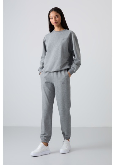 Tommy Life Gri Melanj Basic Pamuklu O Yaka Oversize Lastik Paça Kadın Eşofman Takım - 95287 GRİ MELANJ