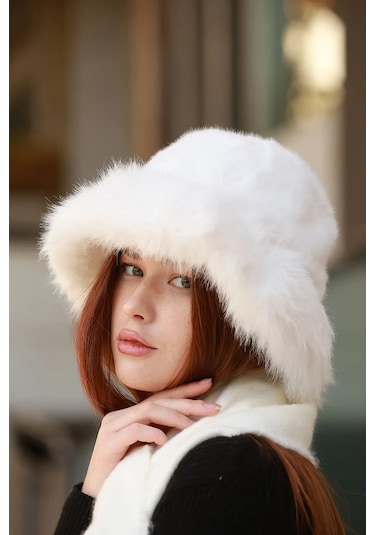 Kadın Peluş Bucket Kalpak Şapka 1143 Rkş-14 Ekru Ekru