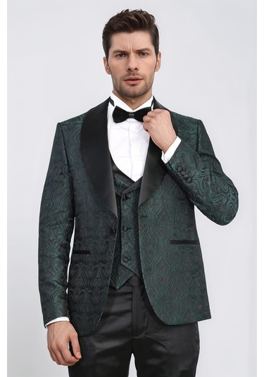 Dalgalı Desenli S Al Yaka Yelekli Yeşil Smokin - Wessi Yeşil