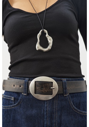 Büyük Oval Tokalı Kemer Siyah Siyah