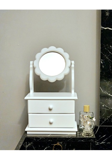 Çiçek Model Ahşap Hareketli Aynalı Beyaz Takı Makyaj Organizeri