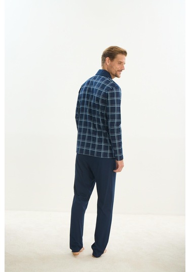 Erkek Uzun Kol Gömlek Yaka Önden Düğmeli Lacivert Pijama Takım C9t1n5o9 001