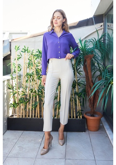 Kadın Likrasız Şık Kumaş Yakalı Uzun Kol Kısa Gömlek-eflatun Eflatun