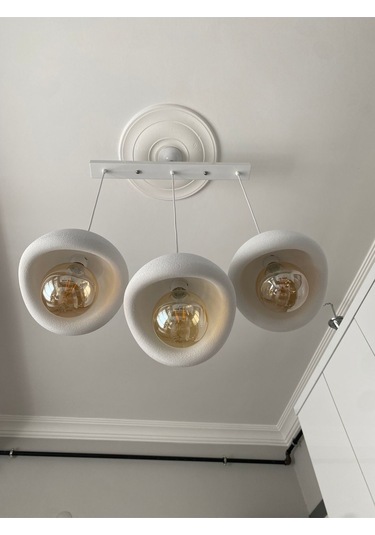 Caka Tepsili 3 Lü Sarkıt Avize Rustik E27 Modern Avize Beton Görünüm Bohem Rustik Ampul Hediyeli Beyaz