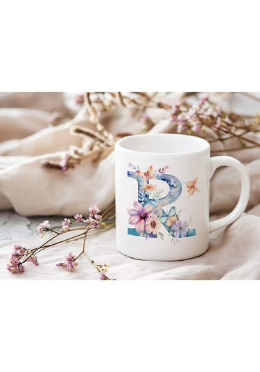 R Harfi Çiçekli Kupa Bardak - Soft Renk Çiçek Ve Kelebek Desenli Zarif Kahve Kupası - Bohem Beyaz