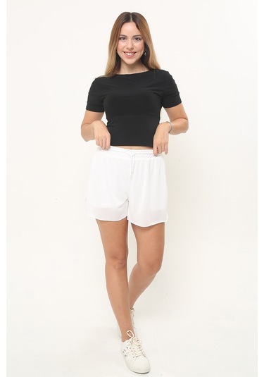 Kadın Beyaz Kumaş Bol Kesim Spor Şort Beyaz