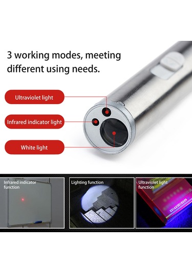 Singree Alüminyum Tıp El Feneri Usb Şarjlı 3 Fonksiyonlu: Beyaz Işık, Infrared Lazer Ve Mor Işık Para Kontrolü Gümüş