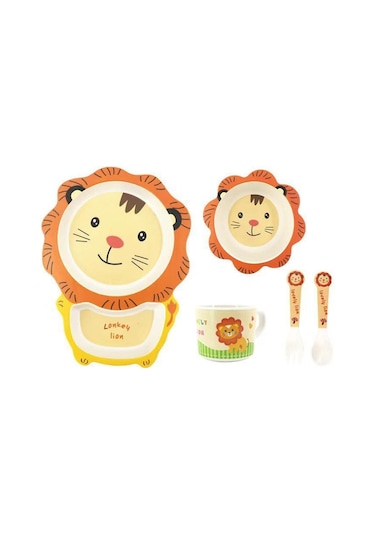 Sones Bambu Elyaf Çocuk Sofra Takımı Ev Sevimli Karikatür Bebek Maması Takviyesi Tabak Seti 042 Aslan