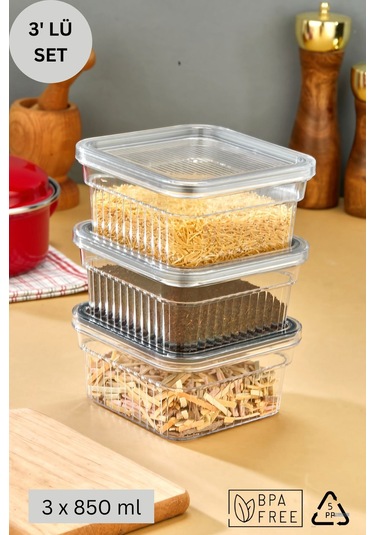 3 Parça Contalı Ve Sızdırmaz Kapaklı Saklama Kabı Seti Buzdolabı Ve Kuru Gıda Uyumlu 3x850 Ml Şeffaf