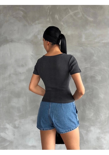 Defymoda Önü Taşlı Antrasit Bluz S3512 Antrasit